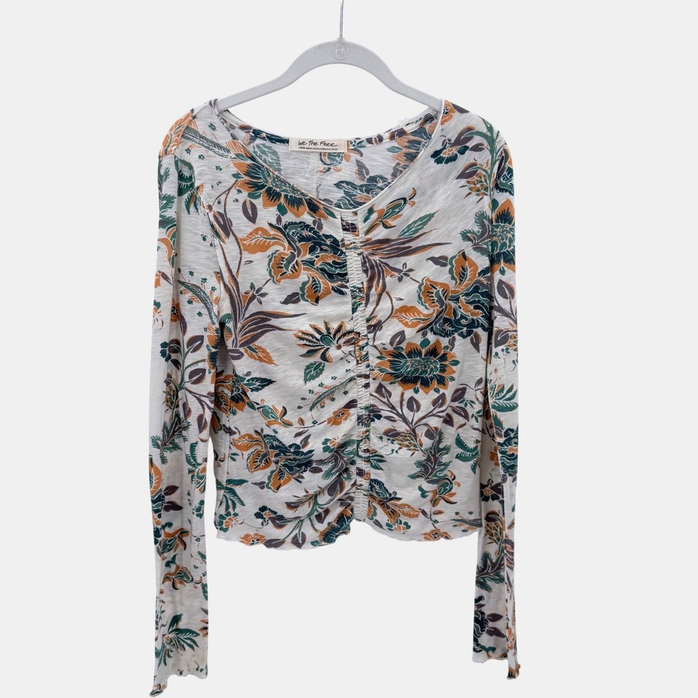 We The Free Free People Floral Ruched Long Sleeve Top Lettuce Edge Cream Large